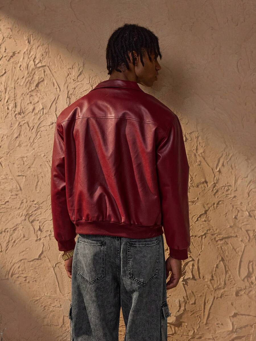 Men’s Retro Faux Leather Zip-Up Bomber Jacket Red