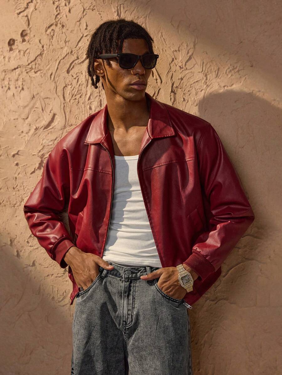 Men’s Retro Faux Leather Zip-Up Bomber Jacket Red