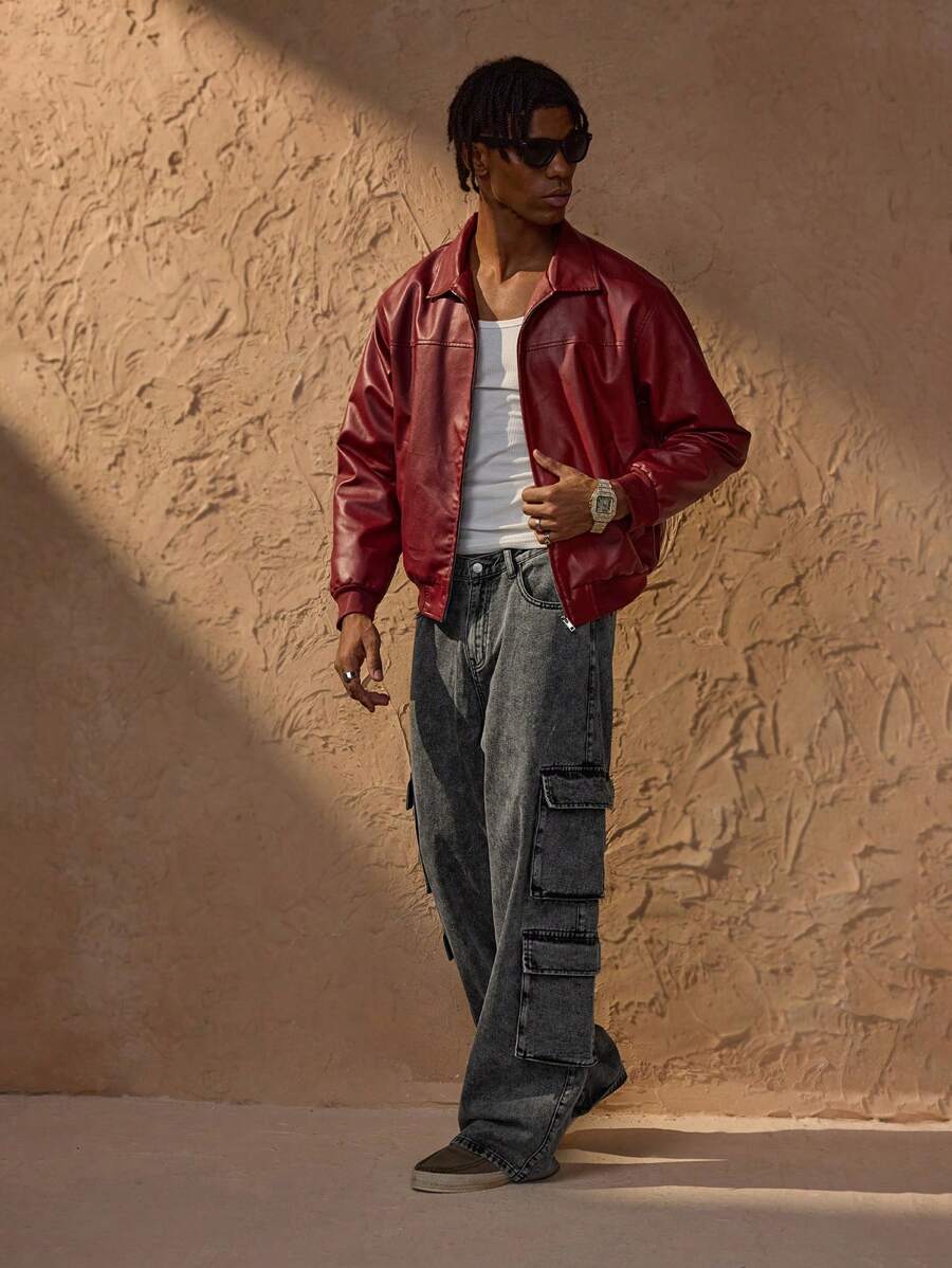 Men’s Retro Faux Leather Zip-Up Bomber Jacket Red