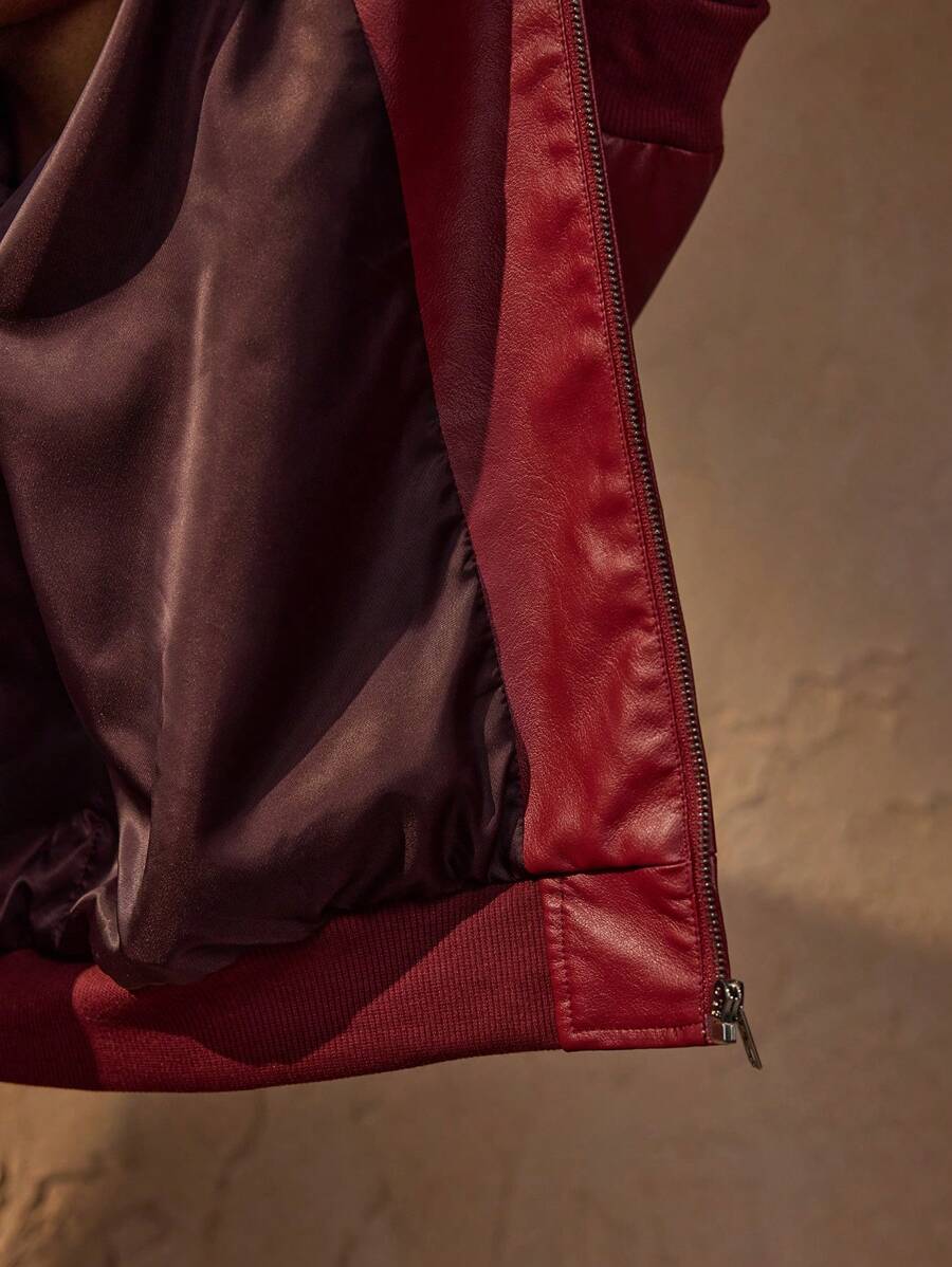 Men’s Retro Faux Leather Zip-Up Bomber Jacket Red