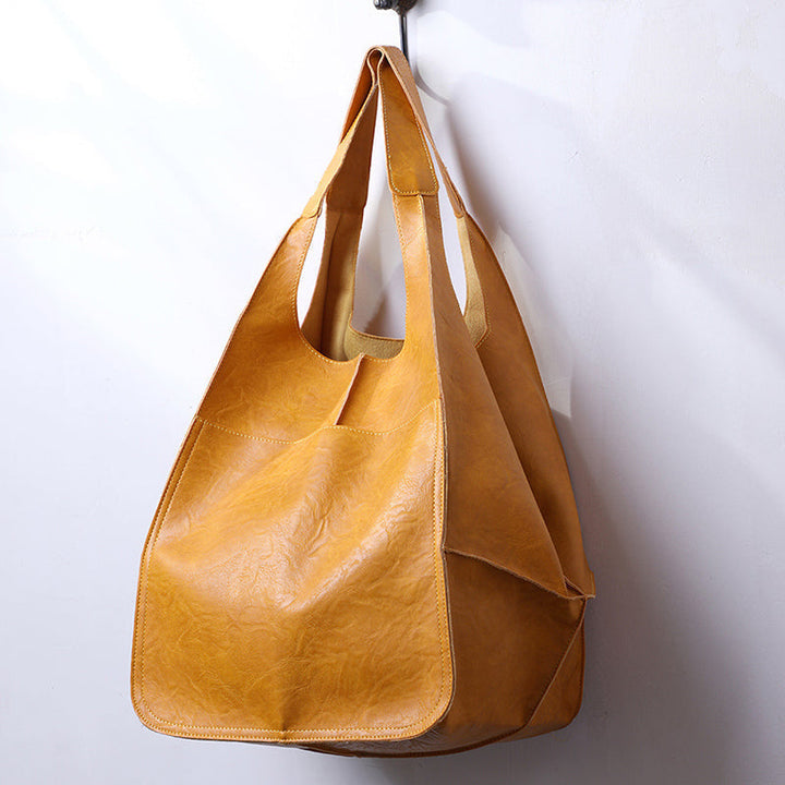 Vintage Leather Shoulder Tote Bag with Wide Straps