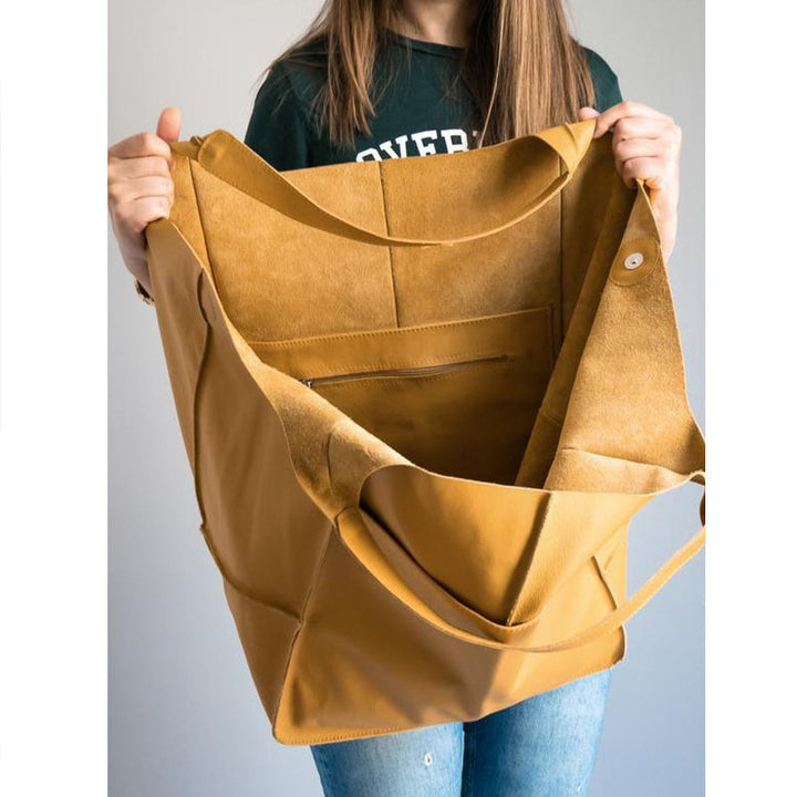 Vintage Leather Shoulder Tote Bag with Wide Straps