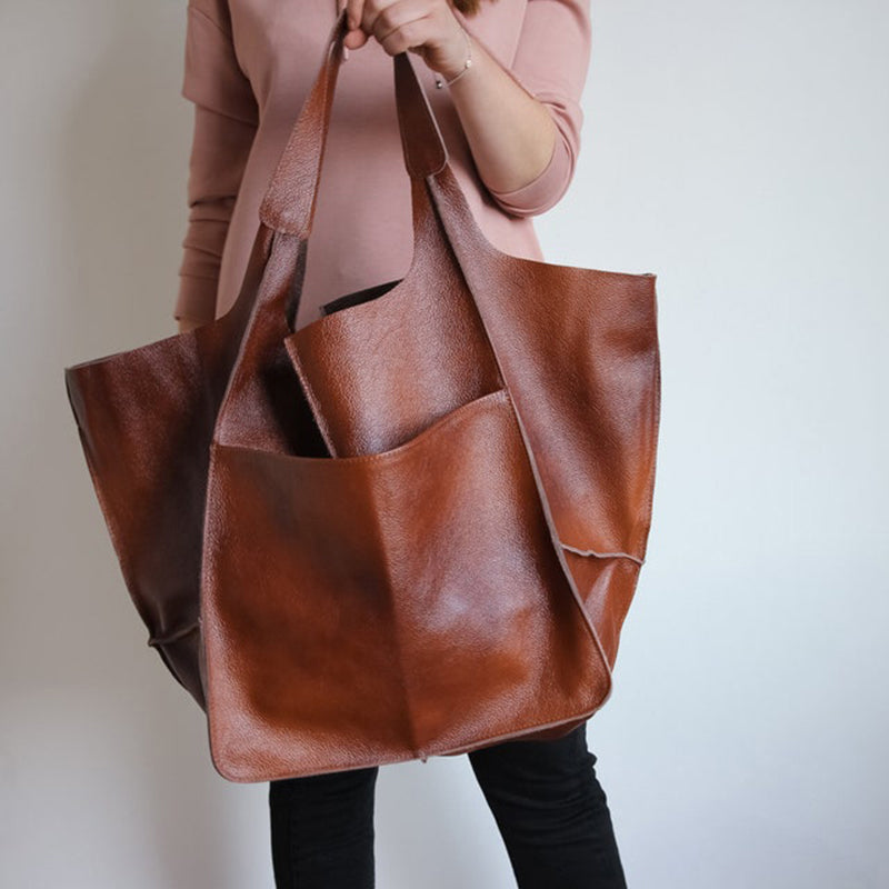 Vintage Leather Shoulder Tote Bag with Wide Straps