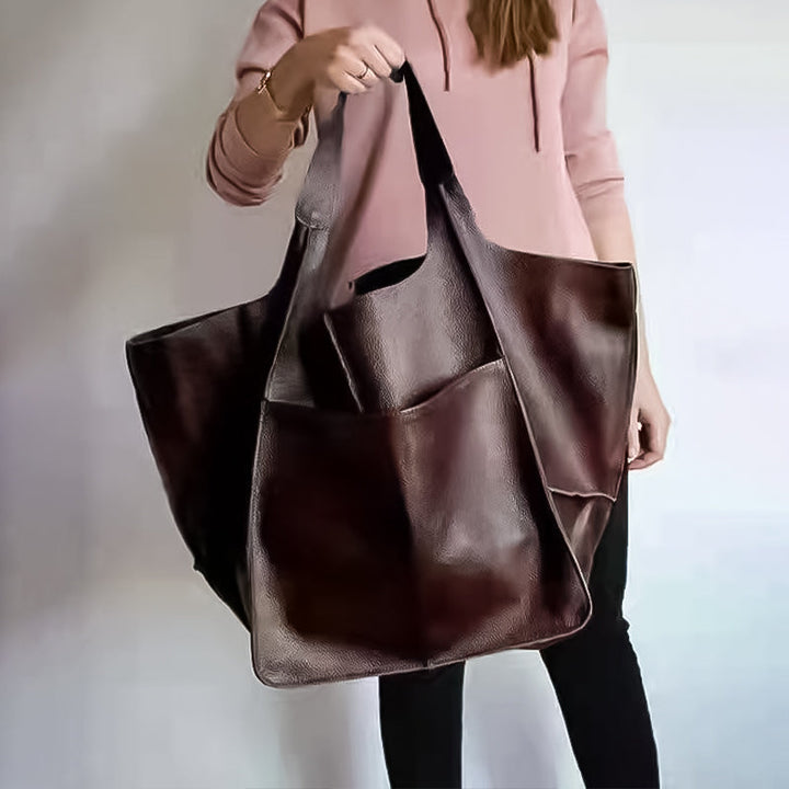 Vintage Leather Shoulder Tote Bag with Wide Straps