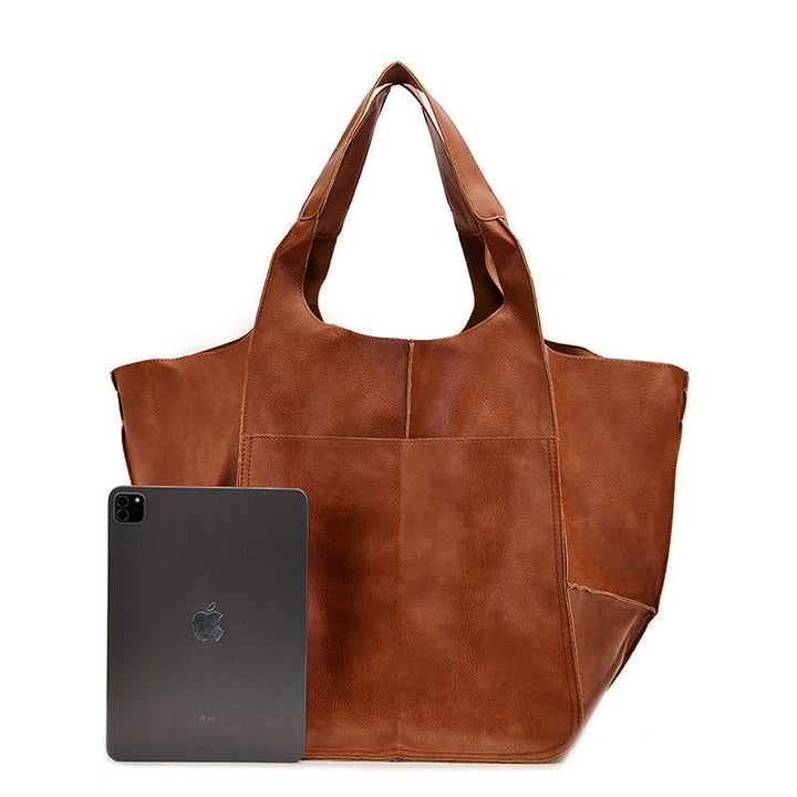 Vintage Leather Shoulder Tote Bag with Wide Straps