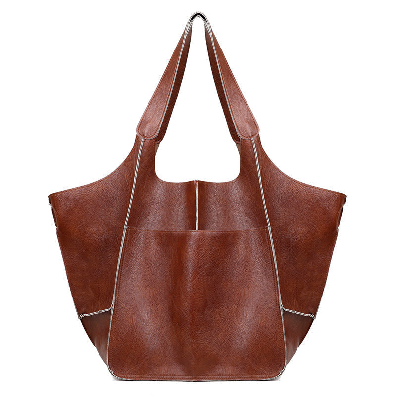 Vintage Leather Shoulder Tote Bag with Wide Straps