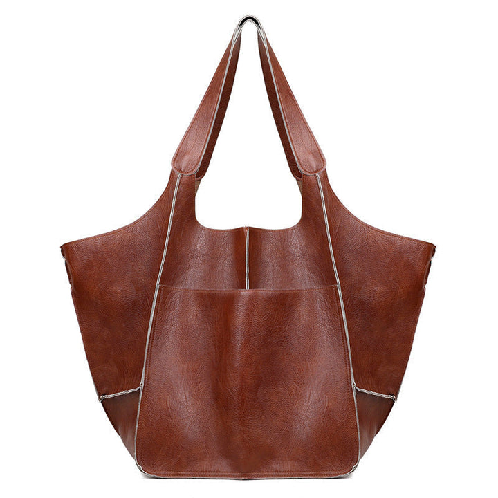 Vintage Leather Shoulder Tote Bag with Wide Straps
