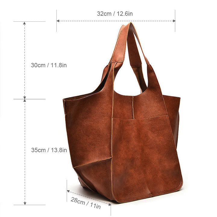 Vintage Leather Shoulder Tote Bag with Wide Straps