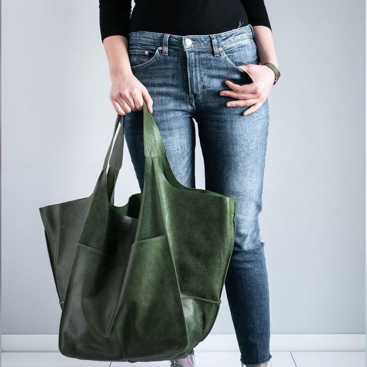 Vintage Leather Shoulder Tote Bag with Wide Straps
