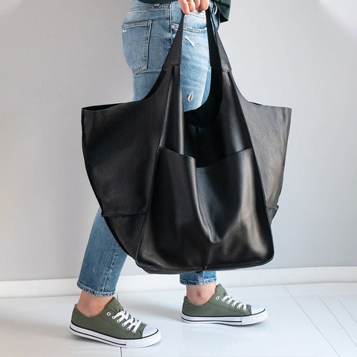 Vintage Leather Shoulder Tote Bag with Wide Straps