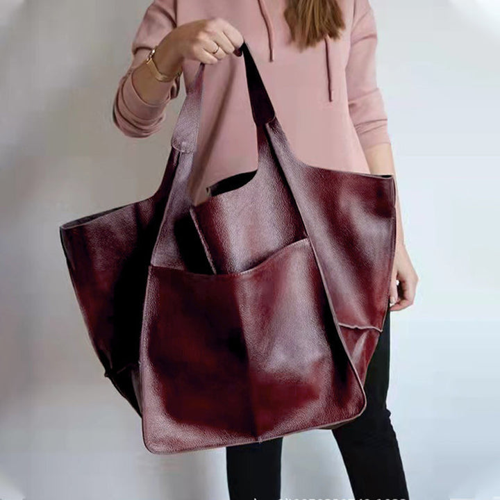 Vintage Leather Shoulder Tote Bag with Wide Straps