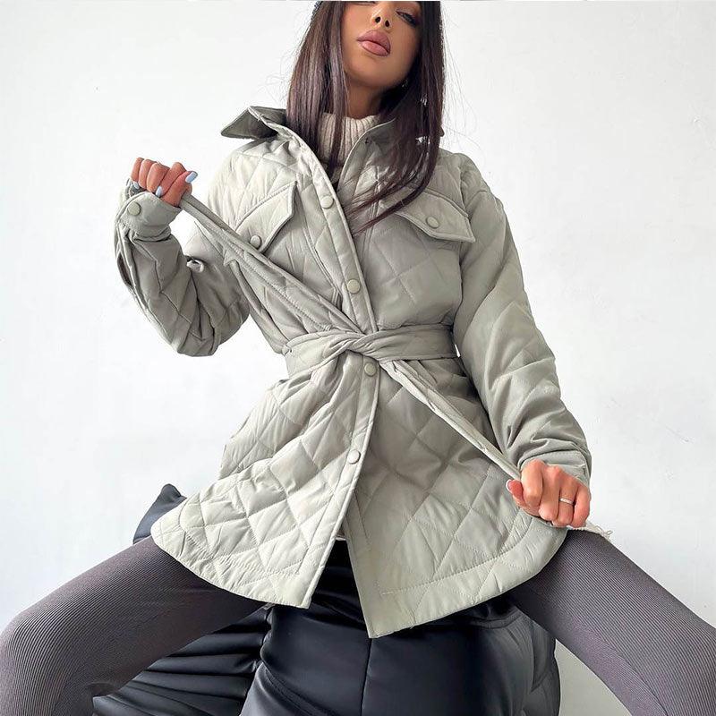 Women’s Quilted Oversized Winter Jacket with Waist Belt