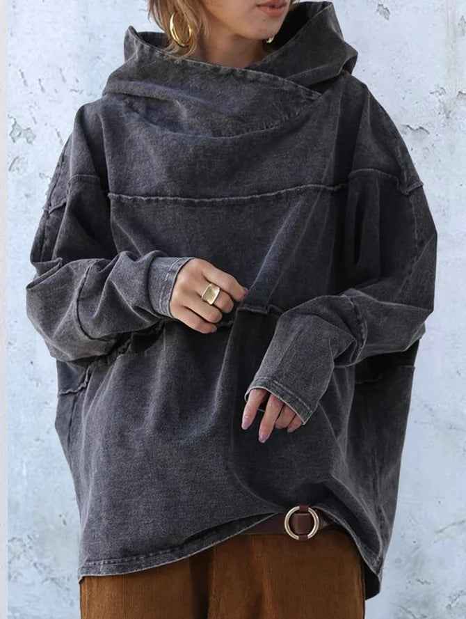 Women’s Acid-Wash Denim Oversized Raw-Edge Hoodie