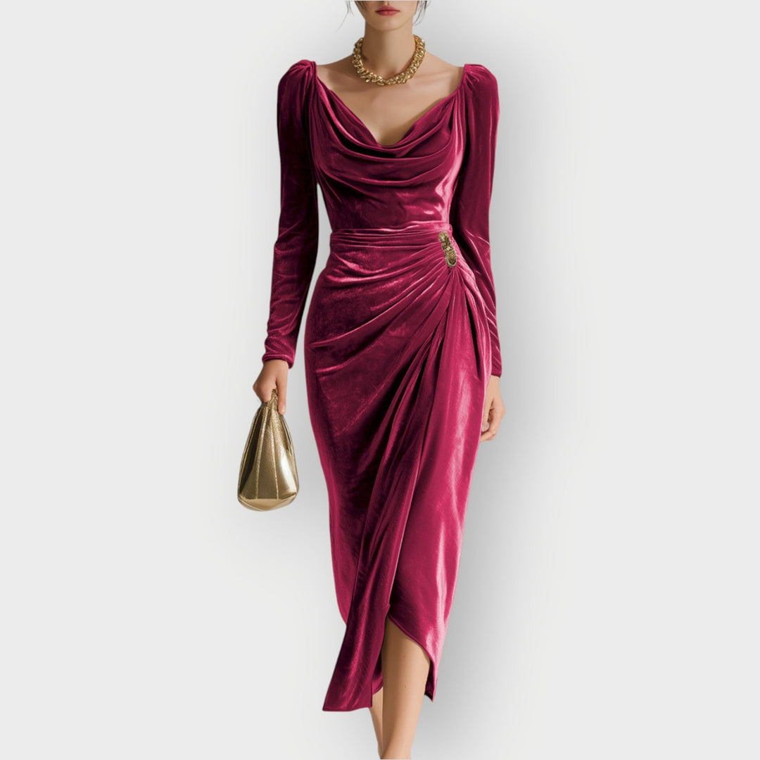 Women’s Velvet Ruched Draped Midi Dress