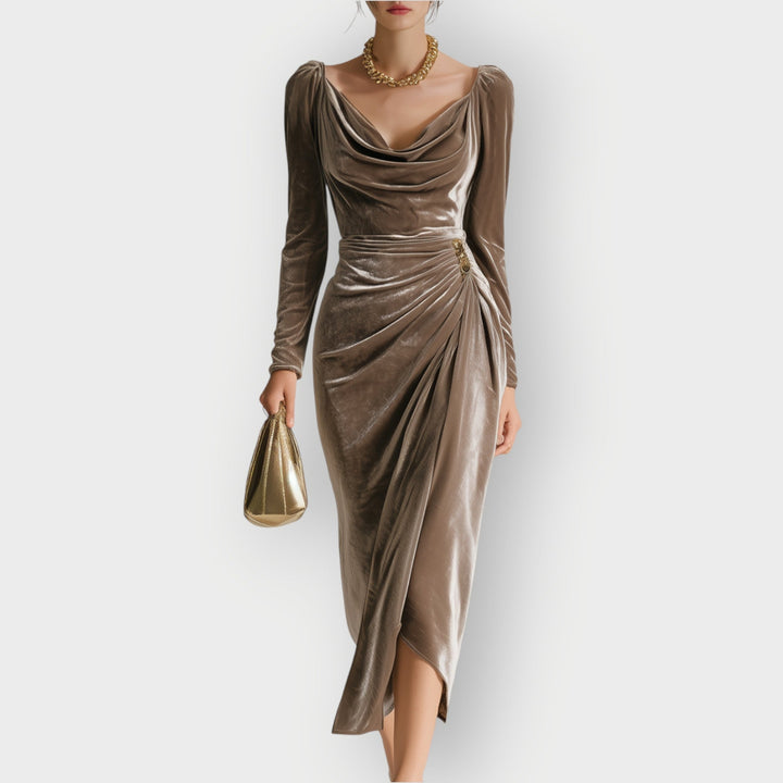 Women’s Velvet Ruched Draped Midi Dress