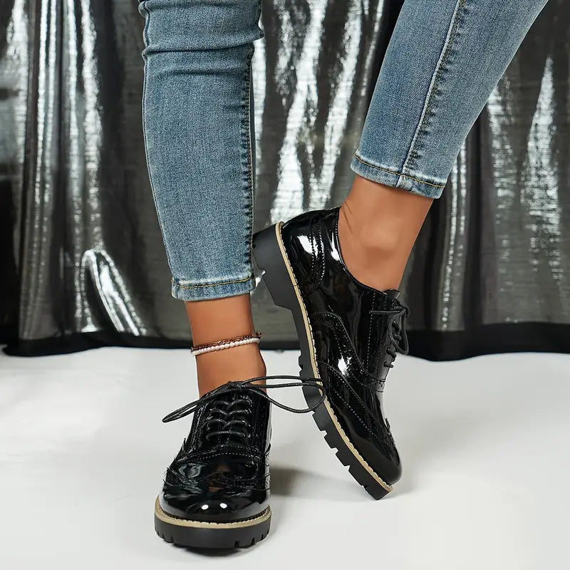 Women's Elegant Patent Leather Brogue Shoes - Isabella 0