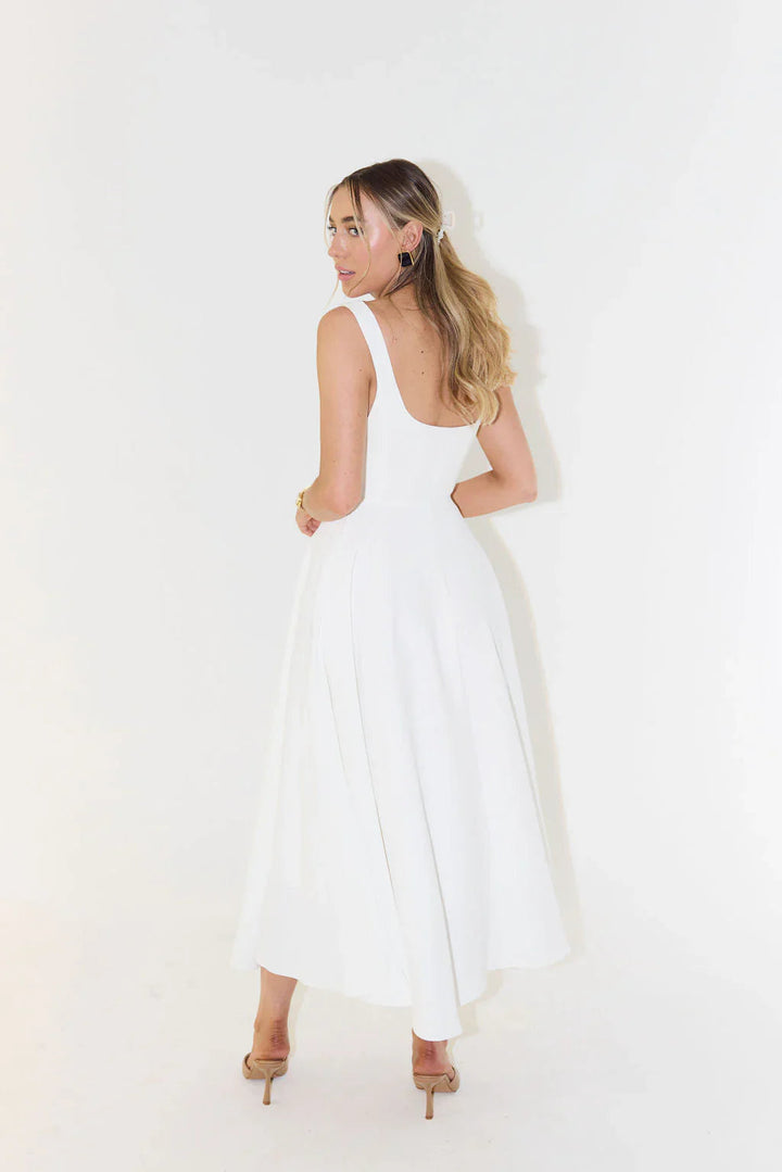 Women’s Square Neck Fit-and-Flare Midi Dress White | Isla
