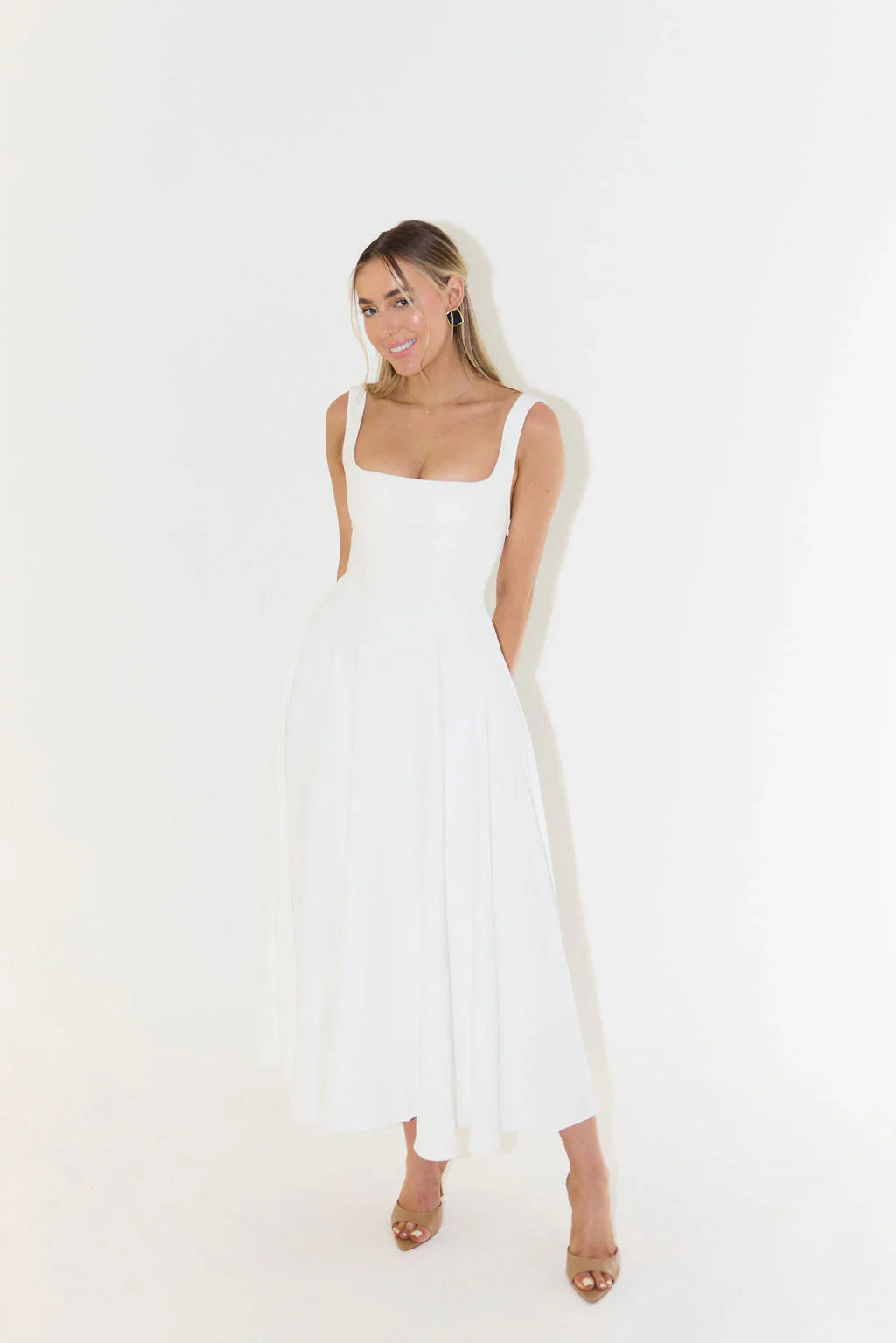 Women’s Square Neck Fit-and-Flare Midi Dress White | Isla