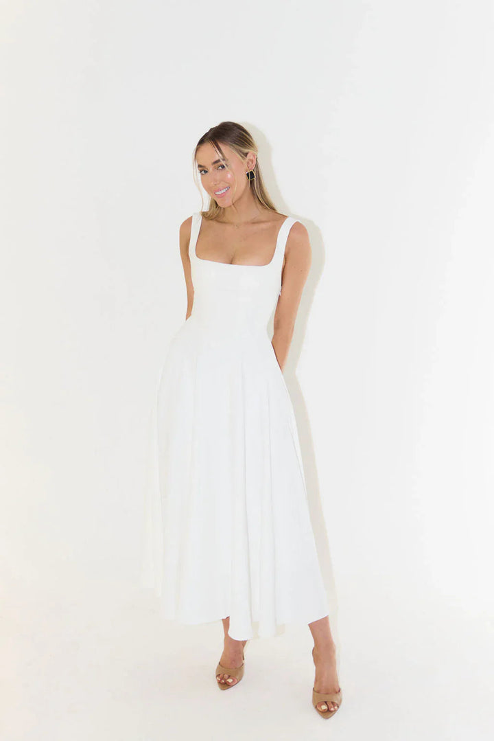 Women’s Square Neck Fit-and-Flare Midi Dress White | Isla