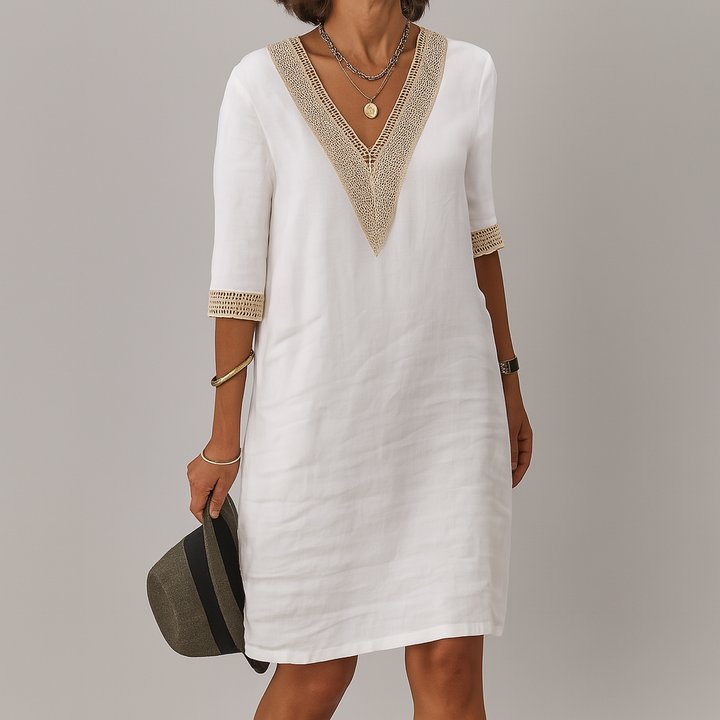 Women’s V-Neck Shift Dress with Crochet Trim | Elise