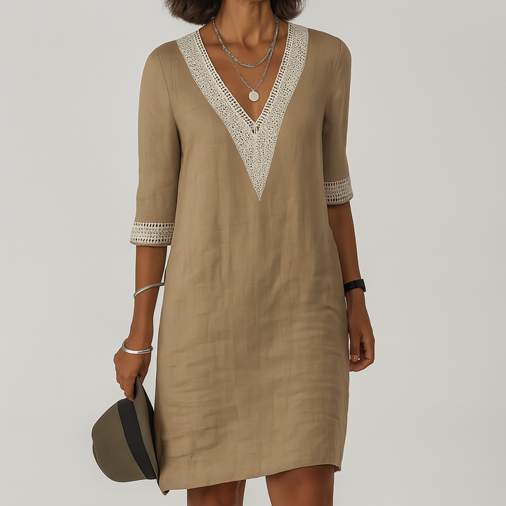 Women’s V-Neck Shift Dress with Crochet Trim | Elise