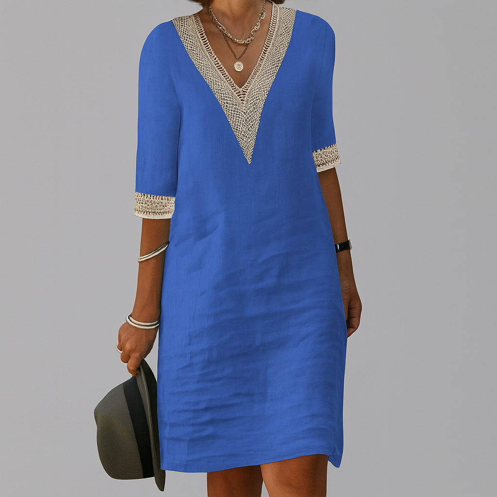 Women’s V-Neck Shift Dress with Crochet Trim | Elise