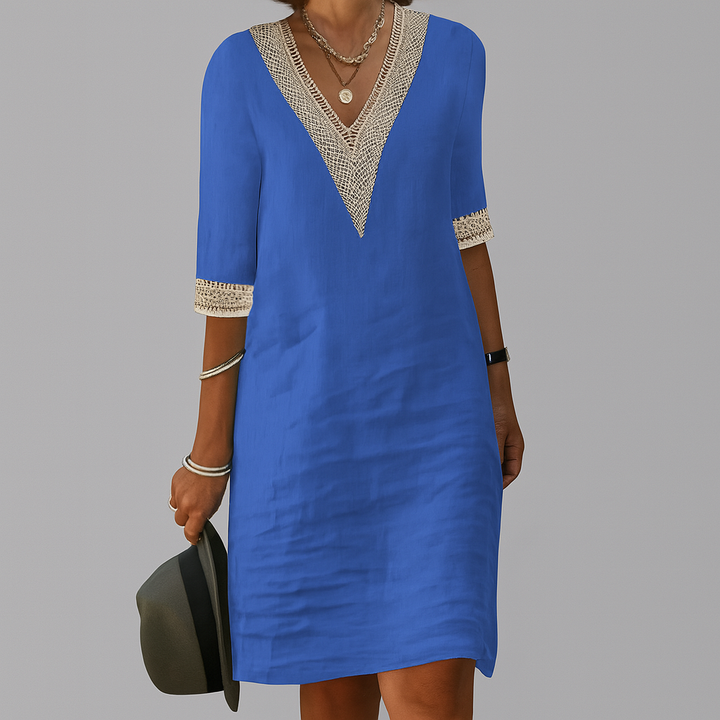 Women’s V-Neck Shift Dress with Crochet Trim | Elise