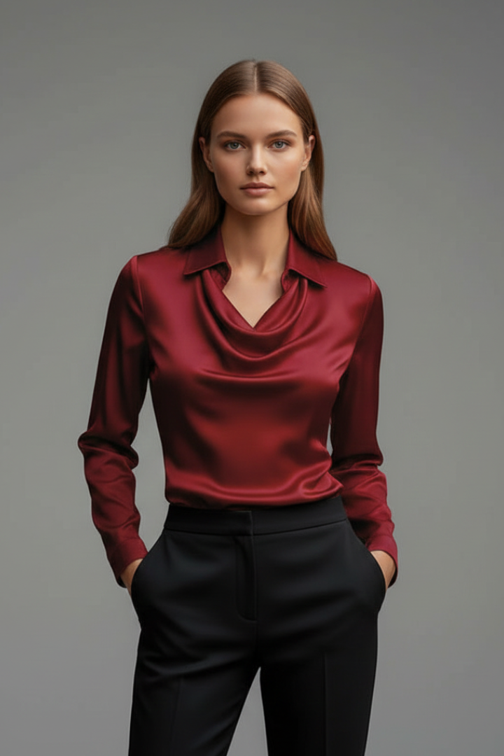 Women’s Satin Cowl Neck Blouse with Long Sleeves | Celia
