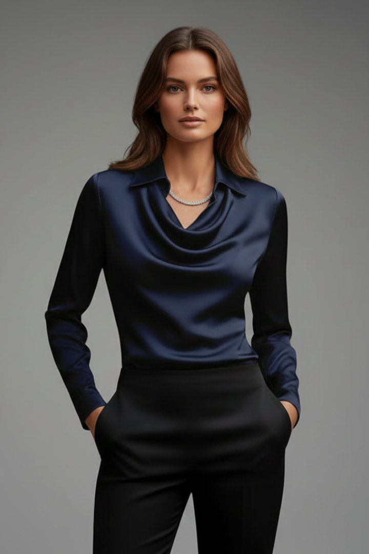 Women’s Satin Cowl Neck Blouse with Long Sleeves | Celia