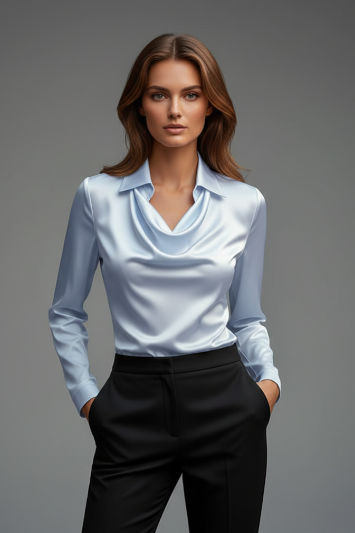 Women’s Satin Cowl Neck Blouse with Long Sleeves | Celia