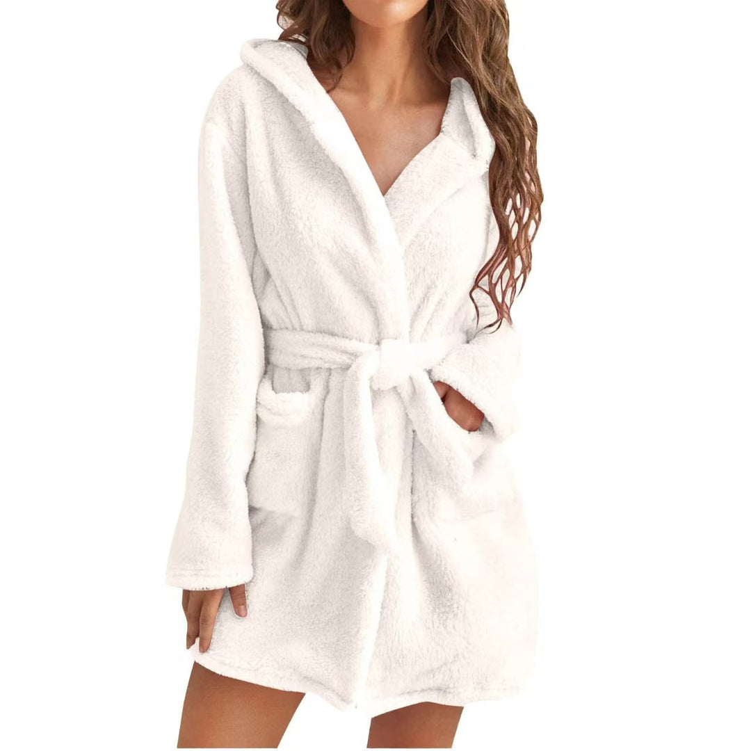 Women’s Fleece Hooded Wrap Bathrobe with Tie Waist