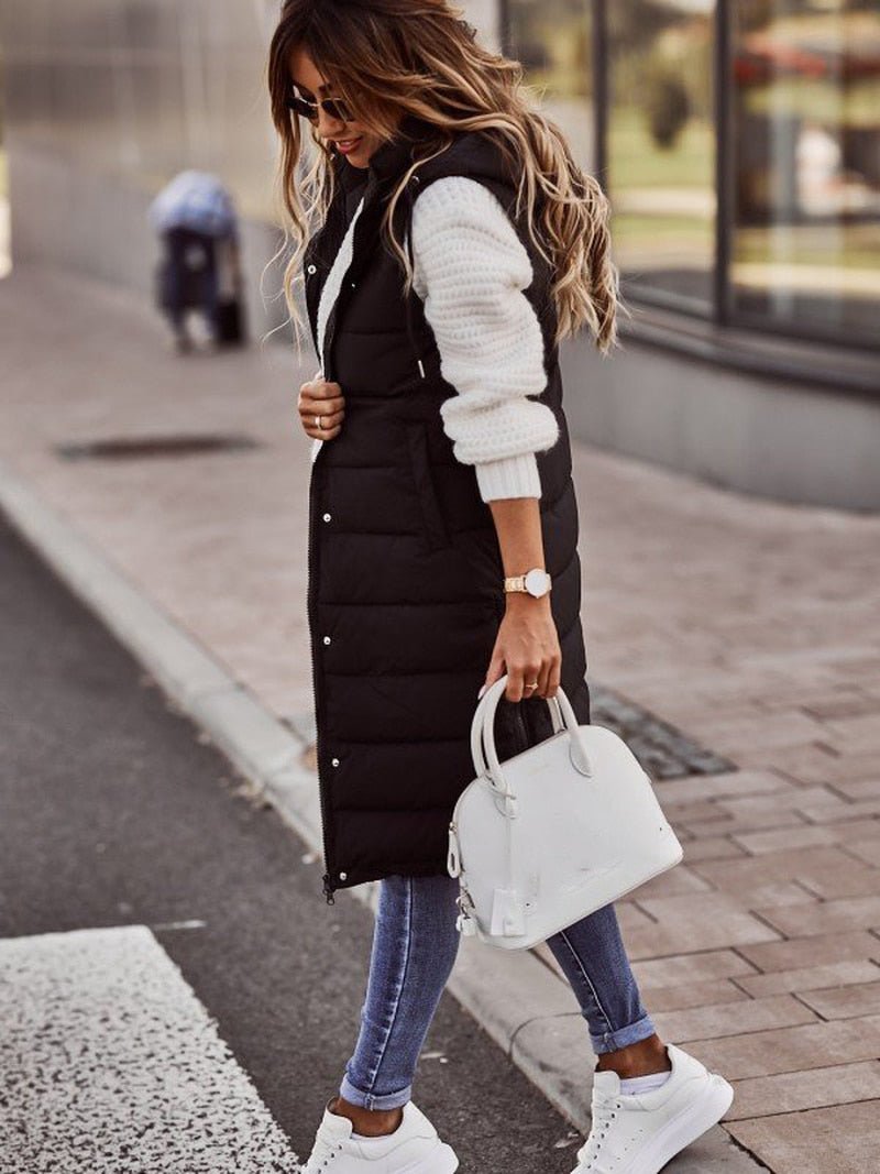 Women’s Longline Puffer Vest Hooded Gilet