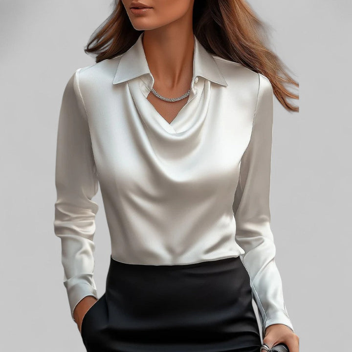 Womens Blouse - Elegant Draped Long Sleeve Top for Business Casual Wear 0