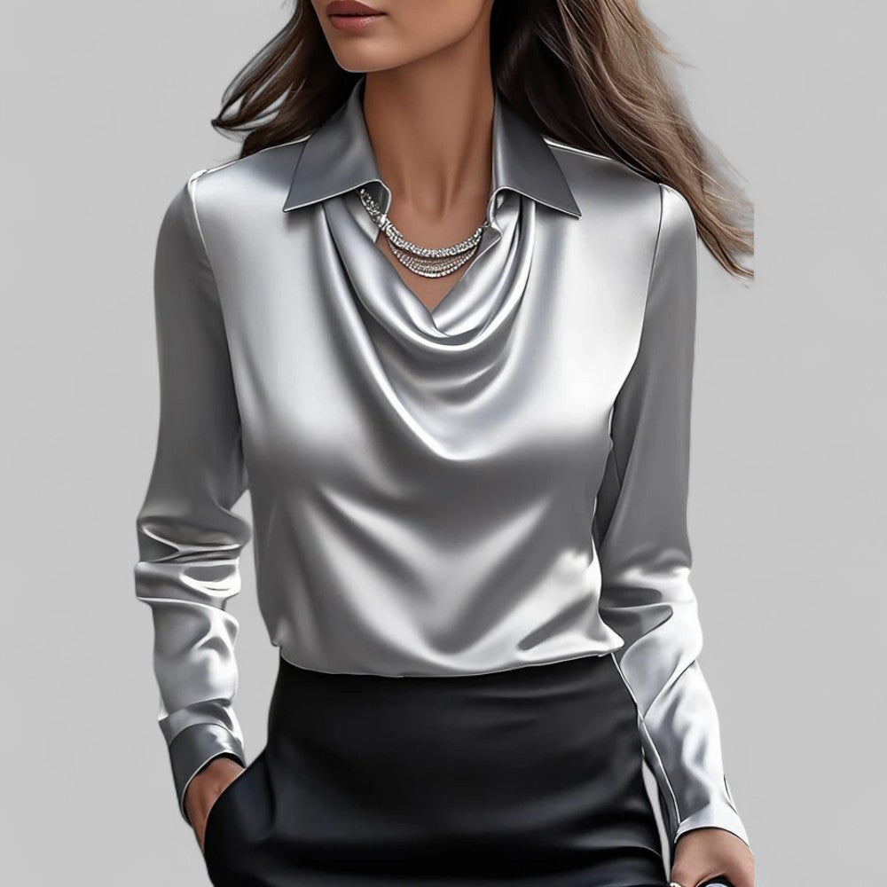 Womens Blouse - Elegant Draped Long Sleeve Top for Business Casual Wear 1