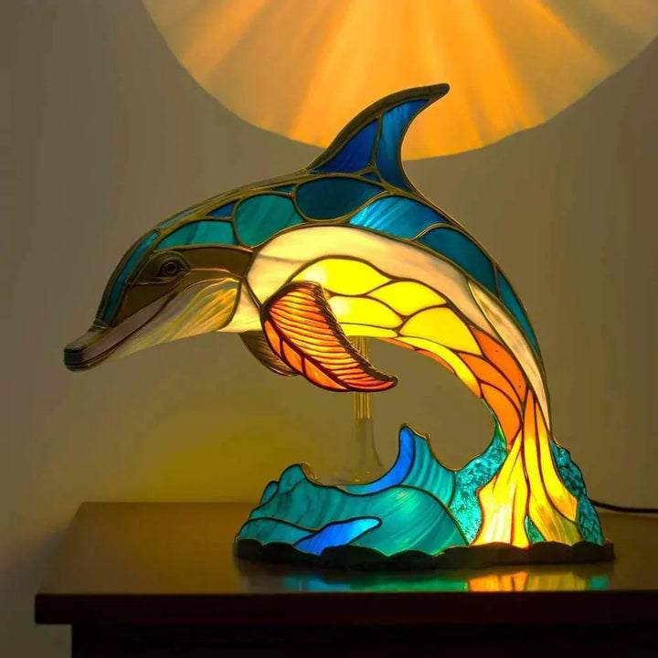 Table Lamp Stained Glass Dolphin Light
