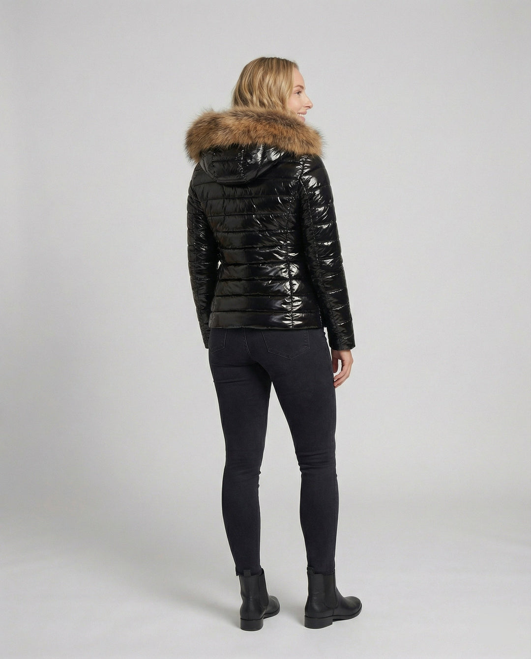 Women’s High Shine Puffer Jacket Faux Fur Hood