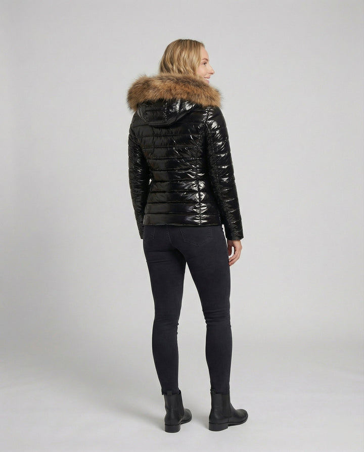Women’s High Shine Puffer Jacket Faux Fur Hood