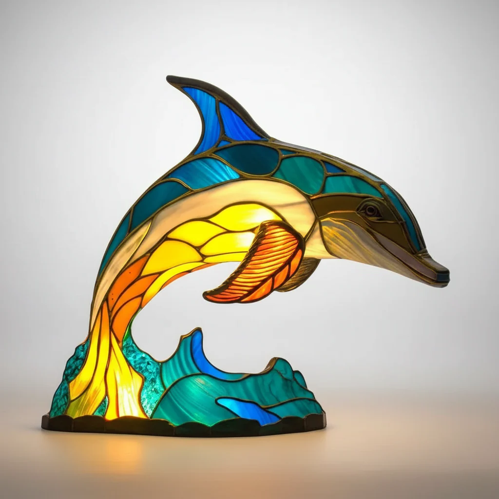 Table Lamp Stained Glass Dolphin Light