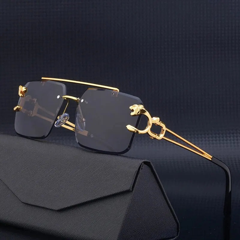 Oversized Square Rimless Sunglasses with Leopard Accents | Skyler