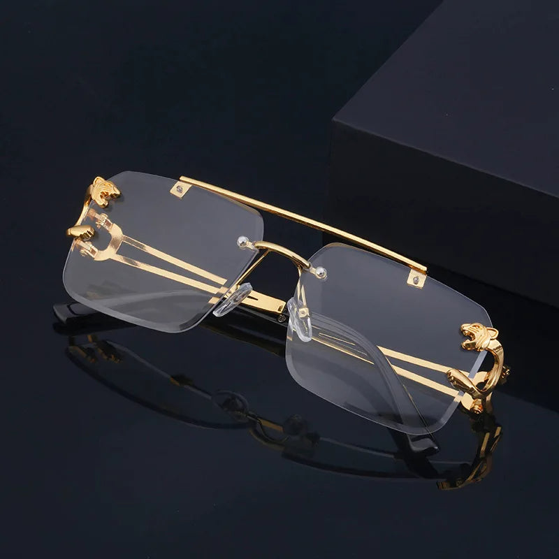 Oversized Square Rimless Sunglasses with Leopard Accents | Skyler
