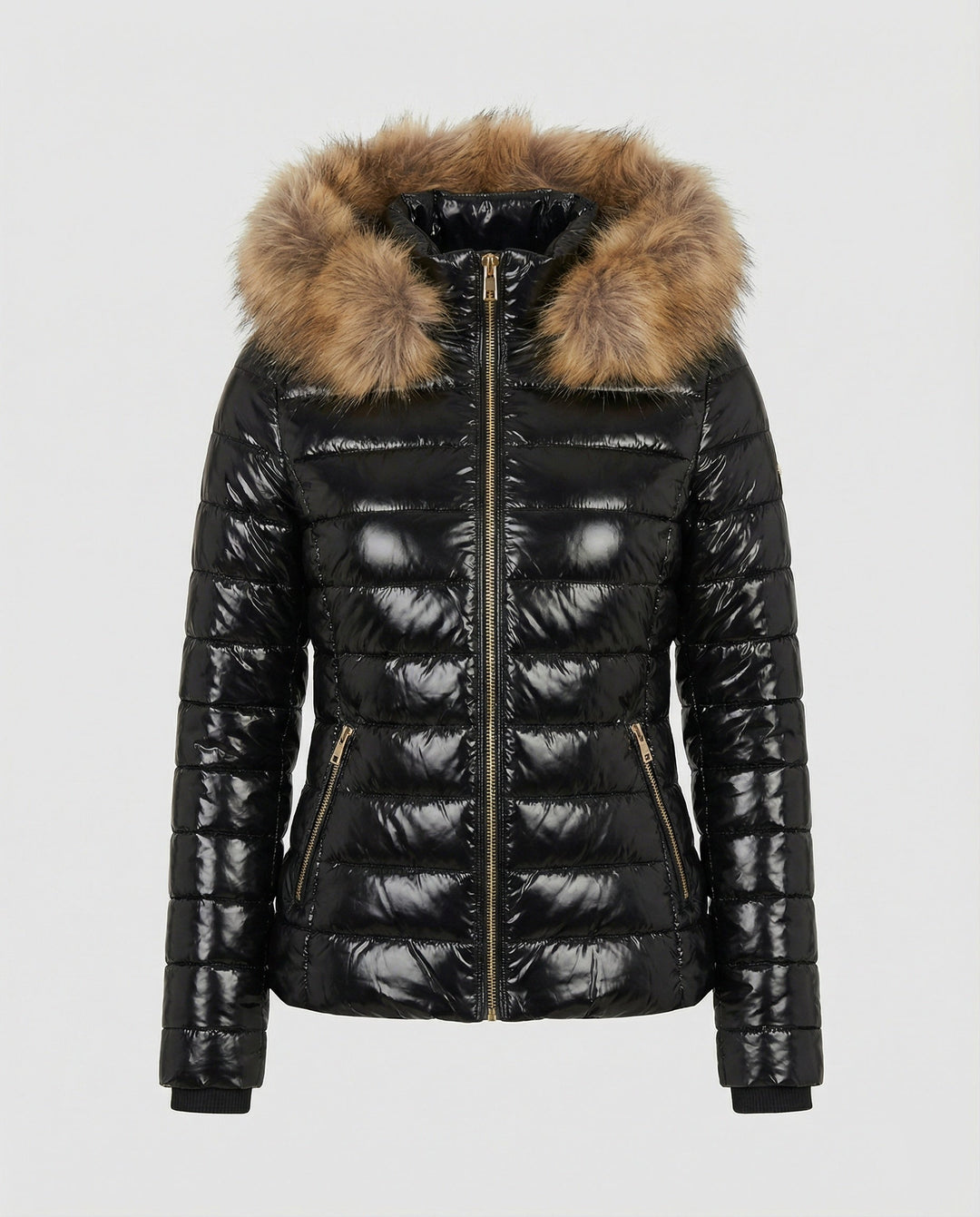 Women’s High Shine Puffer Jacket Faux Fur Hood