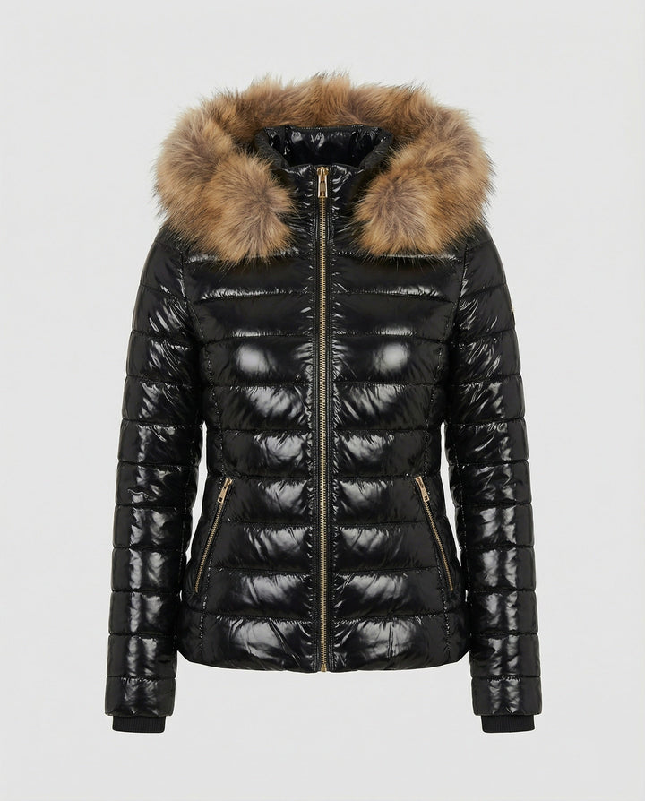 Women’s High Shine Puffer Jacket Faux Fur Hood