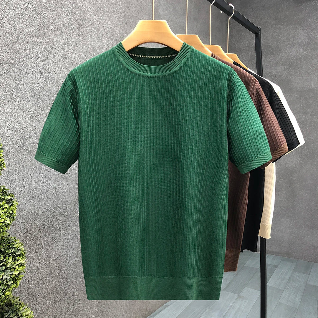 Short Sleeve Ribbed Knit Cotton Crewneck T-Shirt | Landon