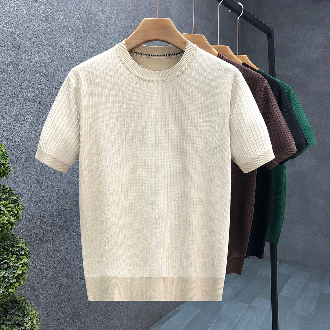 Short Sleeve Ribbed Knit Cotton Crewneck T-Shirt | Landon
