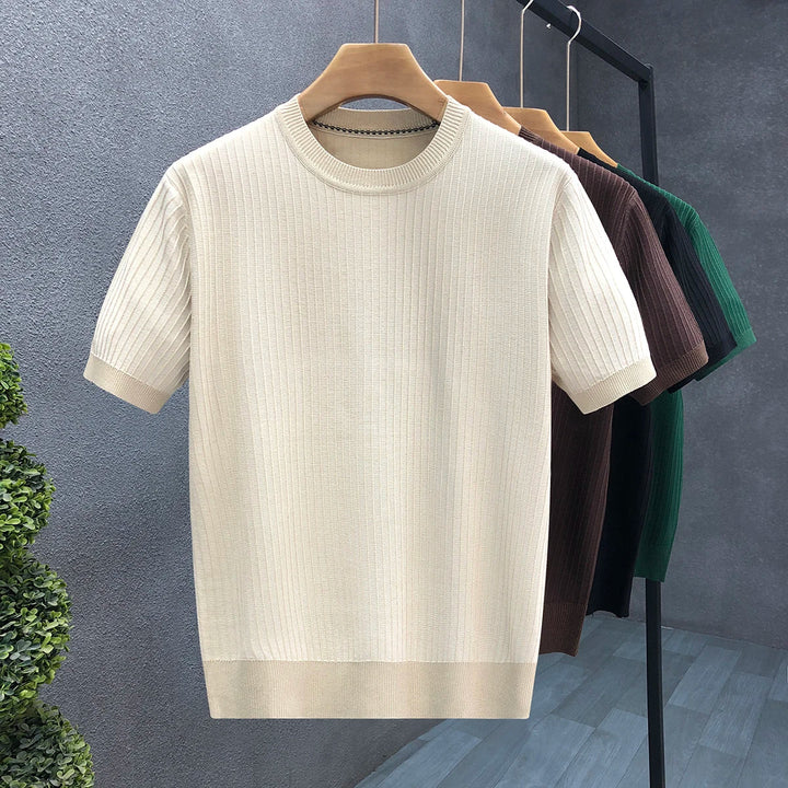 Short Sleeve Ribbed Knit Cotton Crewneck T-Shirt | Landon