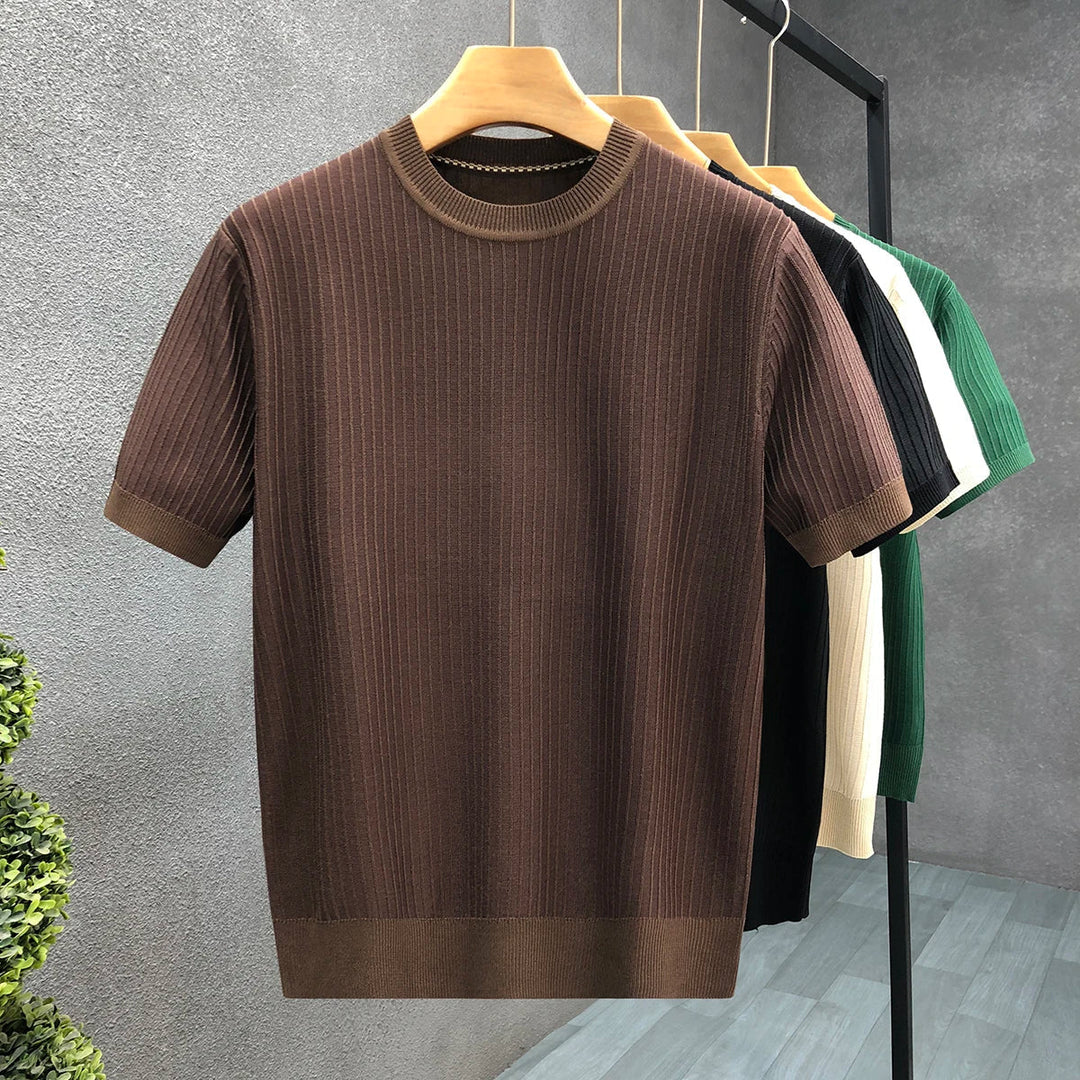Short Sleeve Ribbed Knit Cotton Crewneck T-Shirt | Landon