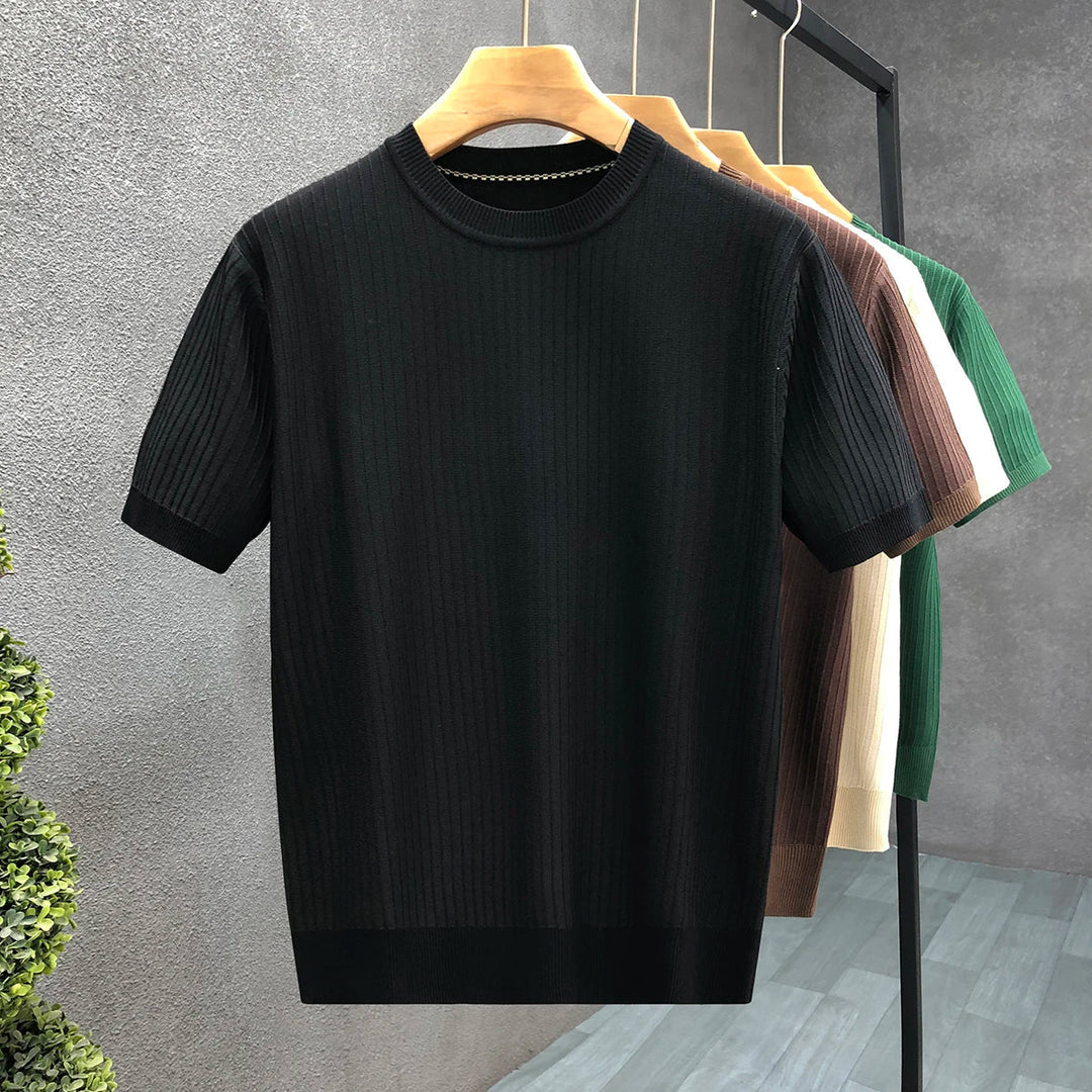 Short Sleeve Ribbed Knit Cotton Crewneck T-Shirt | Landon