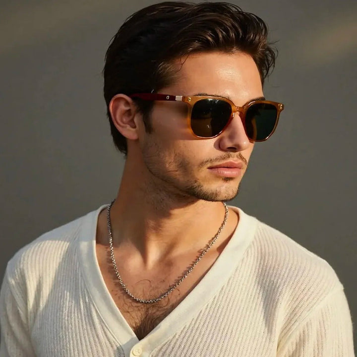 Square Frame Sunglasses with Wood-Grain Temples | Winter