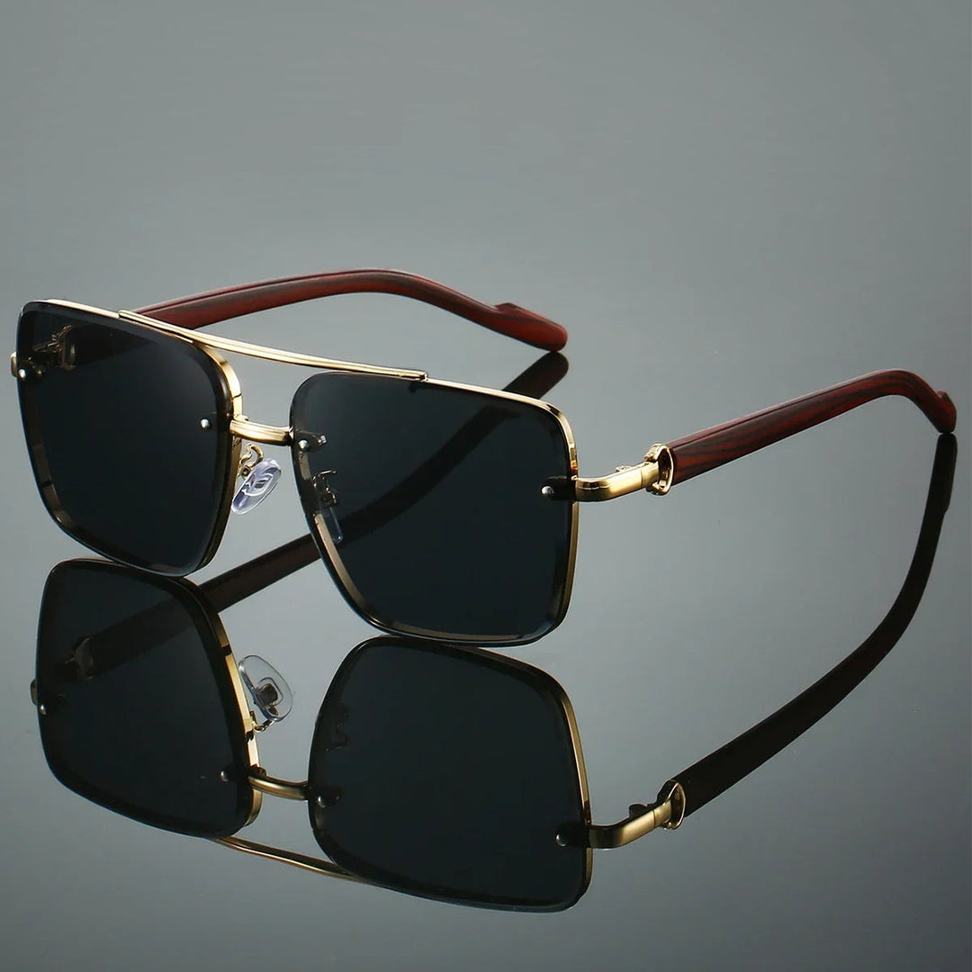 Square Rimless Aviator Sunglasses with Wood-Tone Temples | Onyx