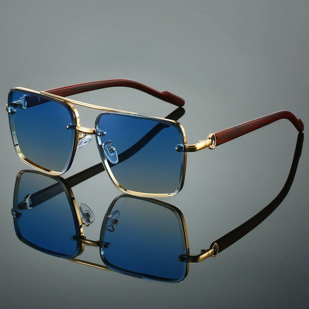 Square Rimless Aviator Sunglasses with Wood-Tone Temples | Onyx